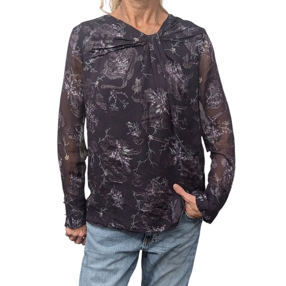 Grey Jason Wu Silk Blend Floral Sheer Blouse Feminine Romantic Evening 0 - Picture 3 of 9